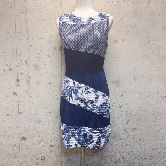 Desigual Dresses & Skirts - Desigual Patchwork Sheath Dress Womens Size M Blue Floral Mixed Media Ruffle Art